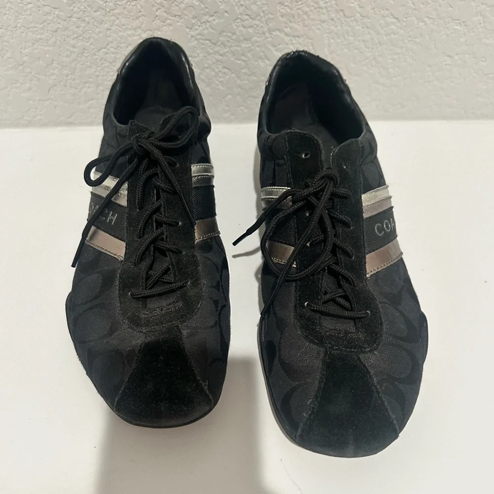 Coach Jayme Sneaker Signature Black Canvas Silver Leather Trim Size 10